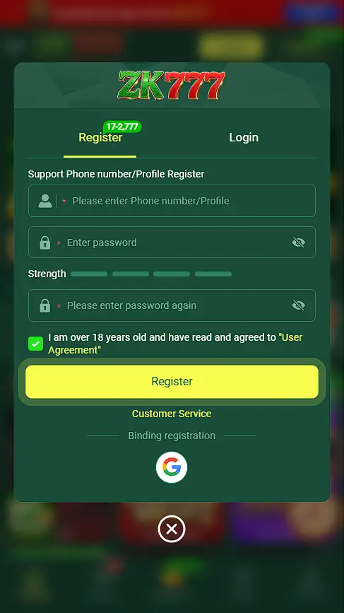 Register or Login ZK777 Platform